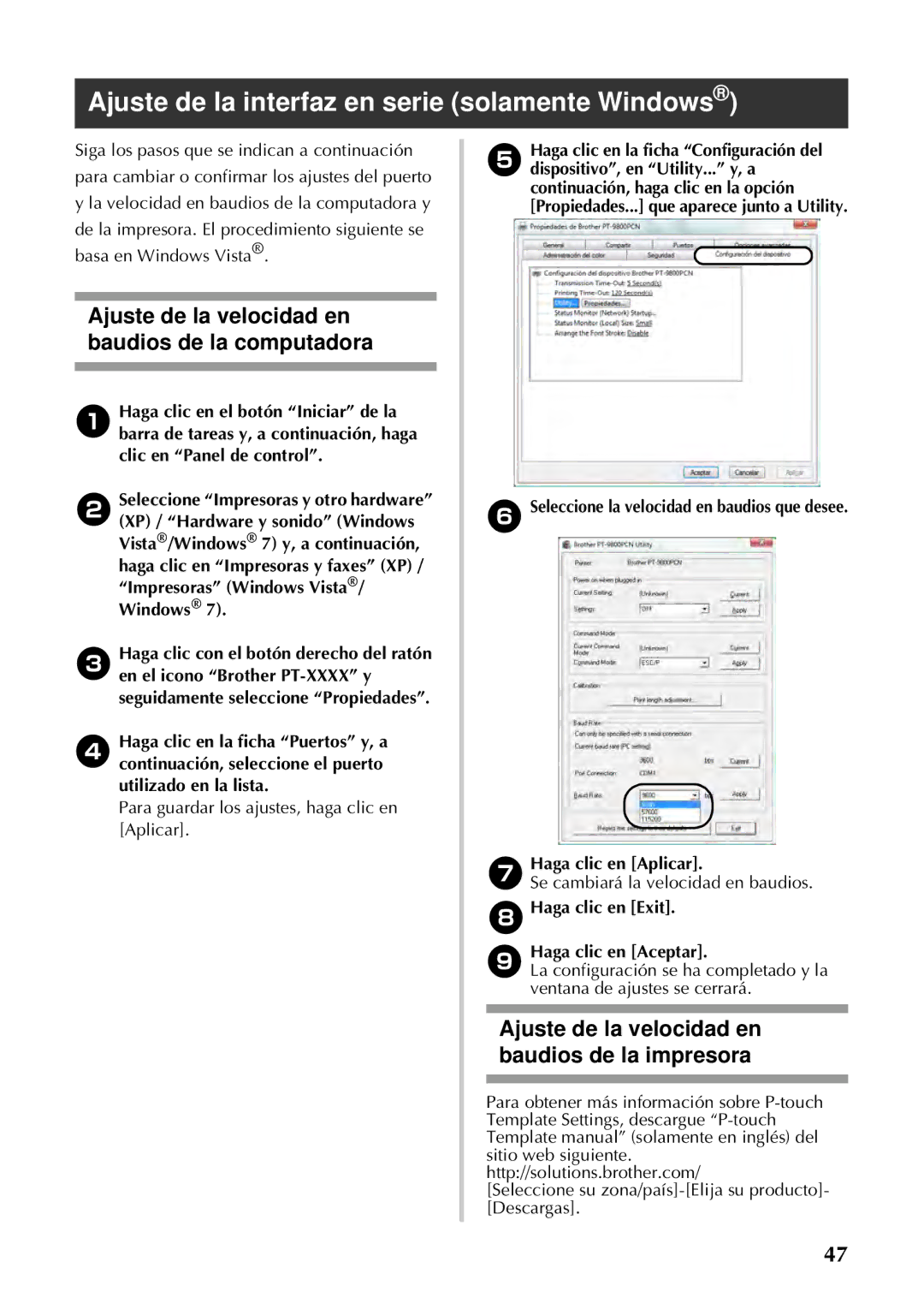 Brother PT-97OOPC Ajuste de la interfaz en serie solamente Windows, Ajuste de la velocidad en baudios de la computadora 