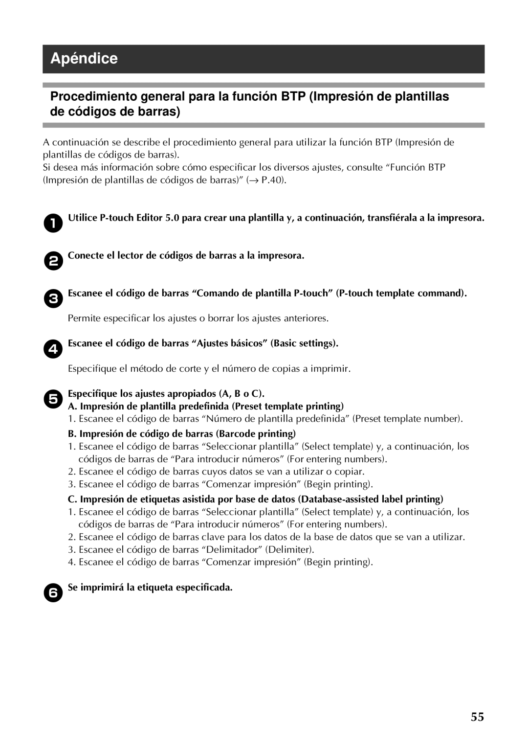 Brother PT-97OOPC manual Apéndice, Impresión de código de barras Barcode printing 