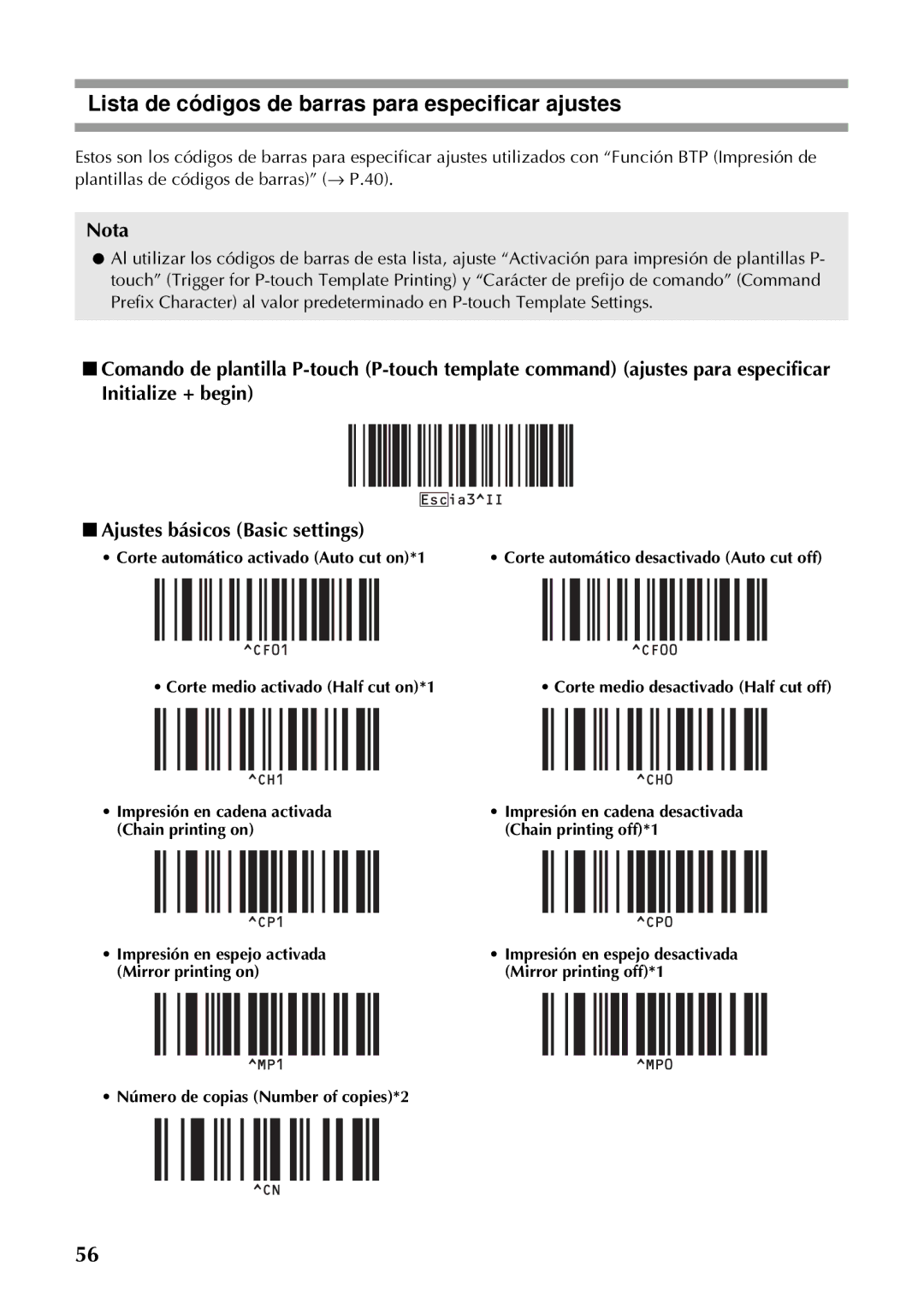 Brother PT-97OOPC manual Lista de códigos de barras para especificar ajustes 