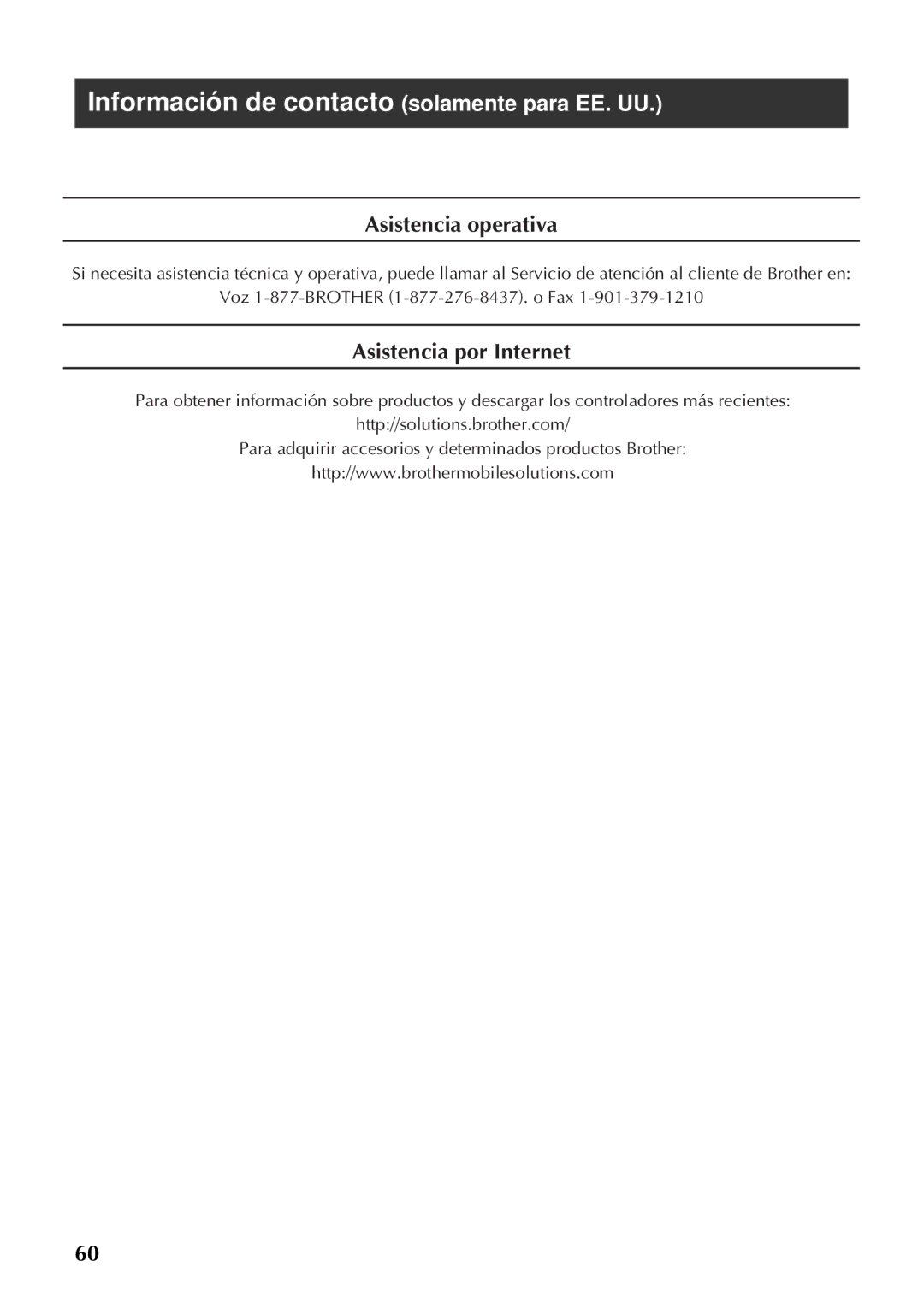 Brother PT-97OOPC manual Información de contacto solamente para EE. UU, Asistencia operativa 