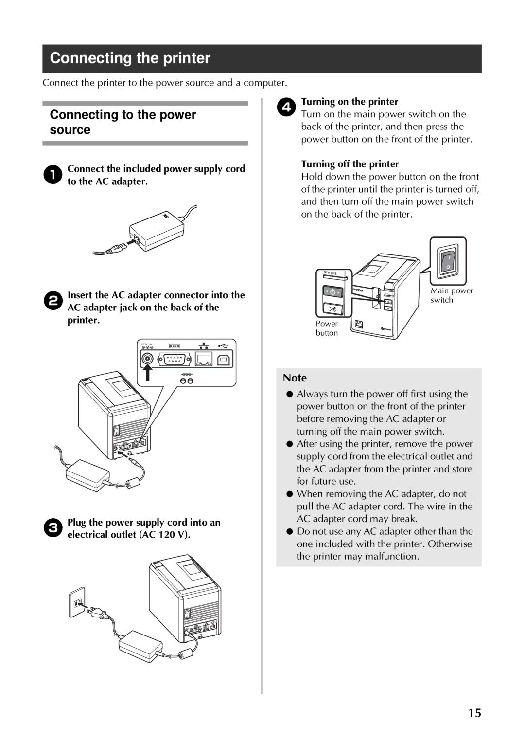 Brother PT-97OOPC manual Connecting the printer, Connecting to the power source, Turning off the printer 