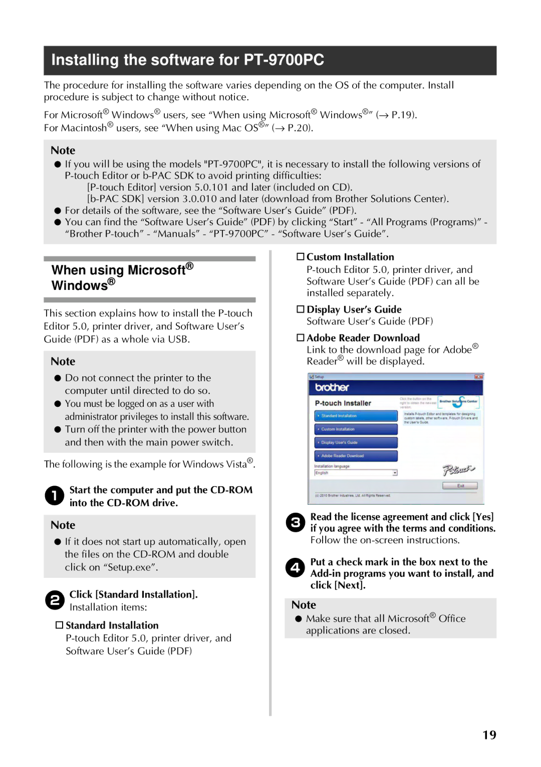 Brother PT-97OOPC manual Installing the software for PT-9700PC, When using Microsoft, Windows 