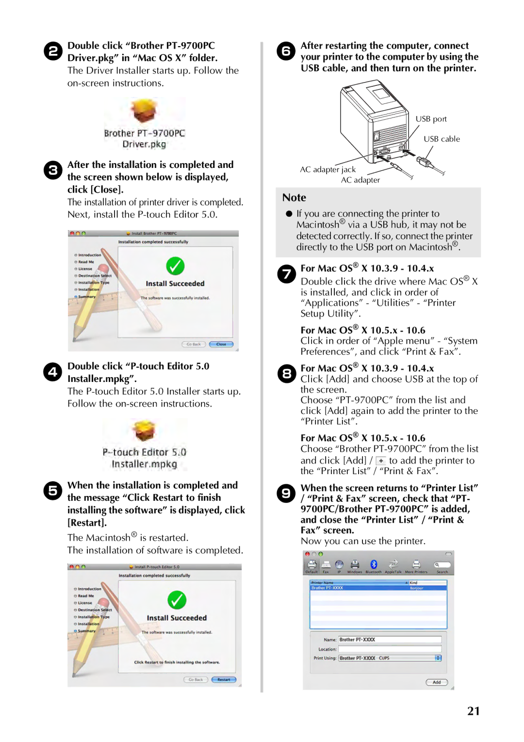 Brother PT-97OOPC manual Double click P-touch Editor 5.0 Installer.mpkg, For Mac OS X 10.3.9, For Mac OS X 10.5.x 