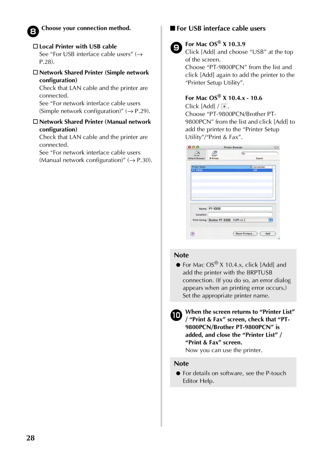 Brother PT-97OOPC manual † Network Shared Printer Simple network configuration, For Mac OS X 10.4.x 