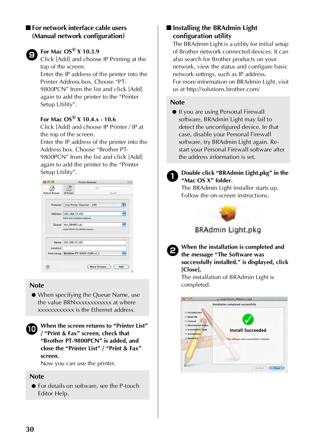 Brother PT-97OOPC manual Double click BRAdmin Light.pkg in the Mac OS X folder, Installation of BRAdmin Light is completed 