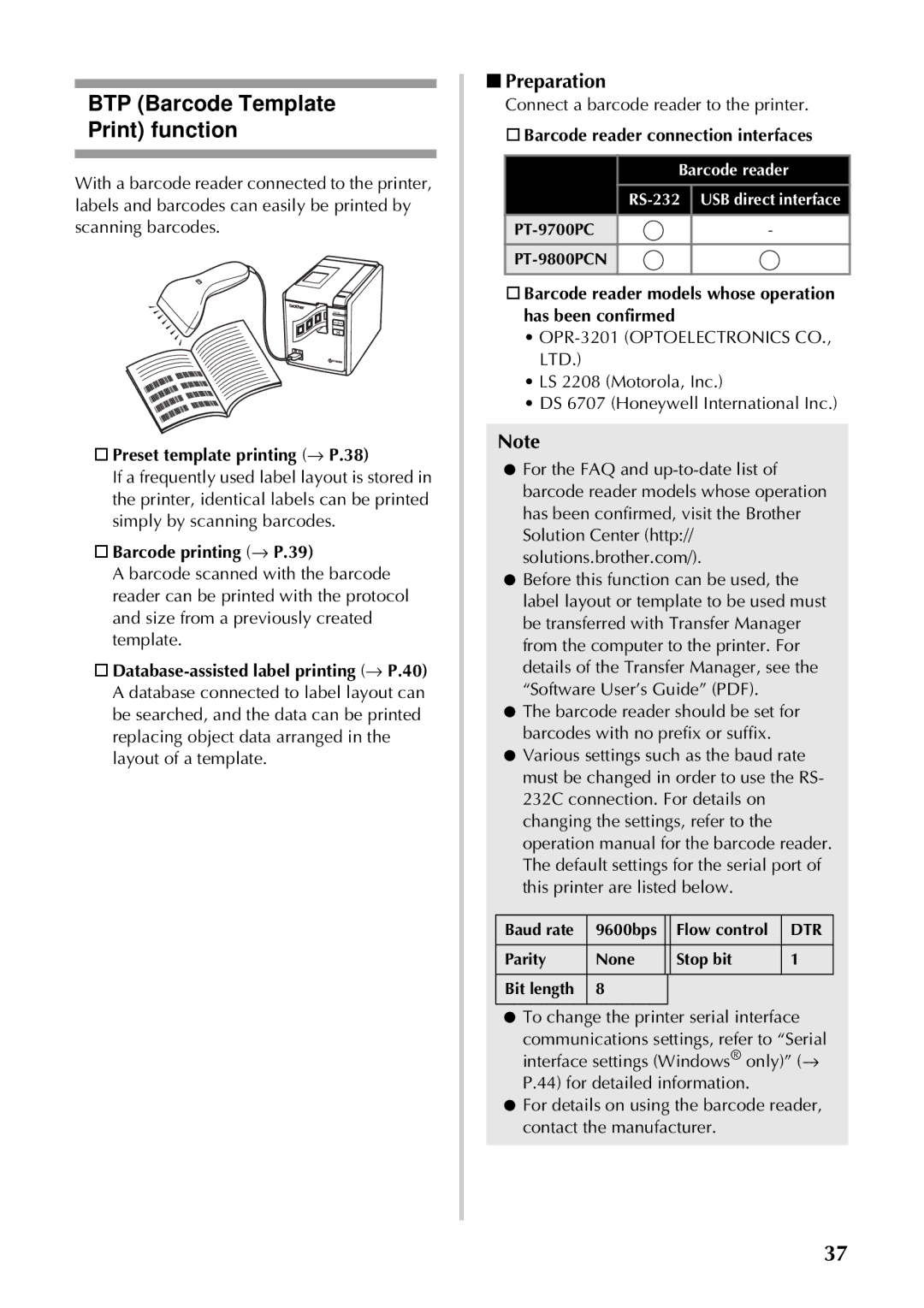 Brother PT-97OOPC manual BTP Barcode Template Print function, Preparation 