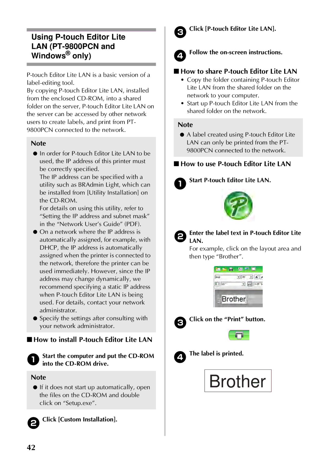 Brother PT-97OOPC manual Using P-touch Editor Lite LAN PT-9800PCN Windows only, How to install P-touch Editor Lite LAN 