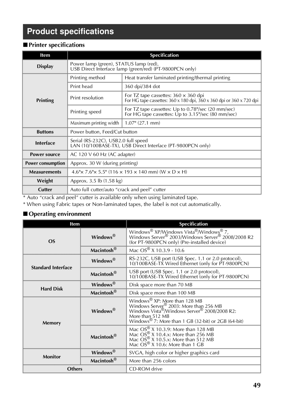 Brother PT-97OOPC manual Product specifications, Printer specifications, Operating environment, Specification, Macintosh 