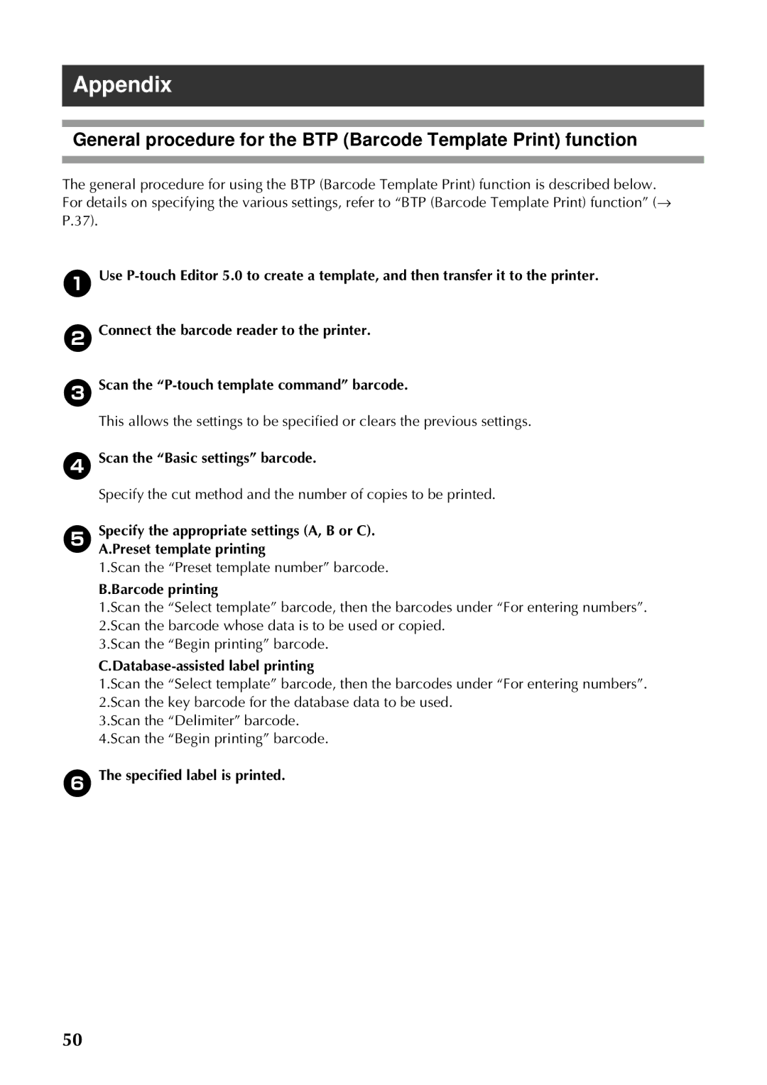 Brother PT-97OOPC Appendix, Scan the Basic settings barcode, Scan the Preset template number barcode, Barcode printing 