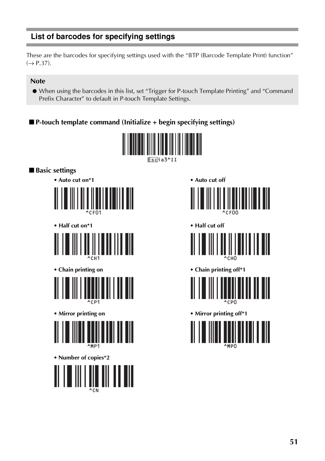 Brother PT-97OOPC manual List of barcodes for specifying settings, Auto cut on*1 