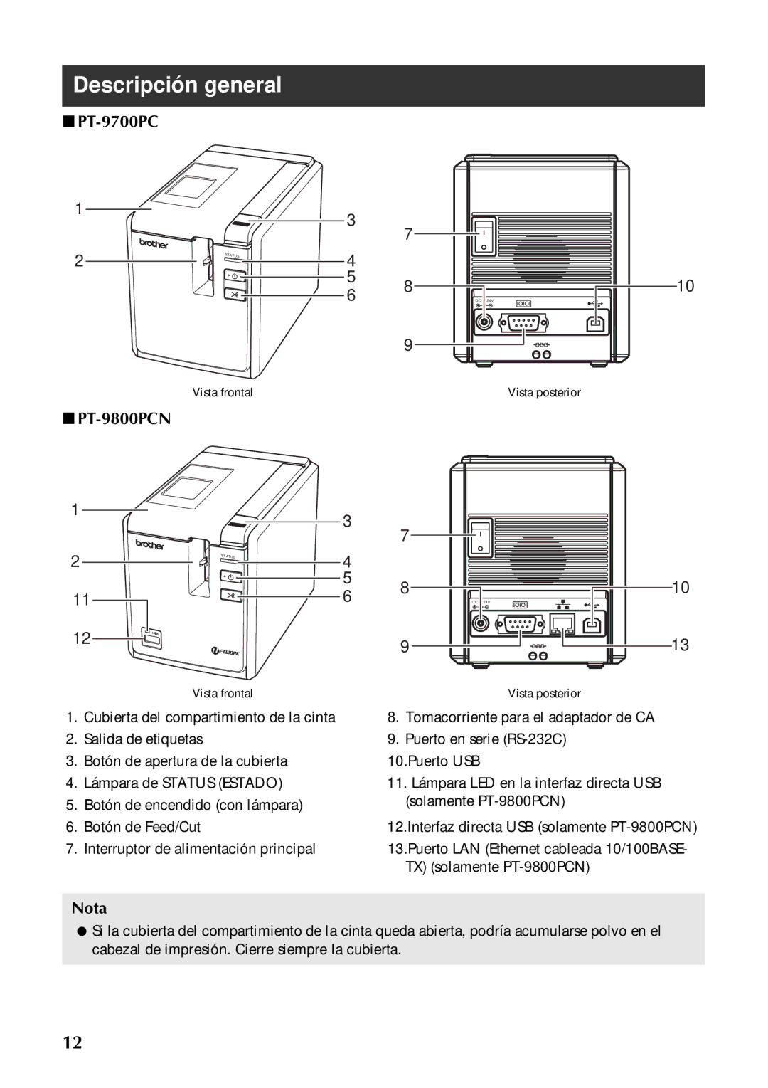 Brother PT-97OOPC manual Descripción general, Nota, Interruptor de alimentación principal, TX solamente PT-9800PCN 