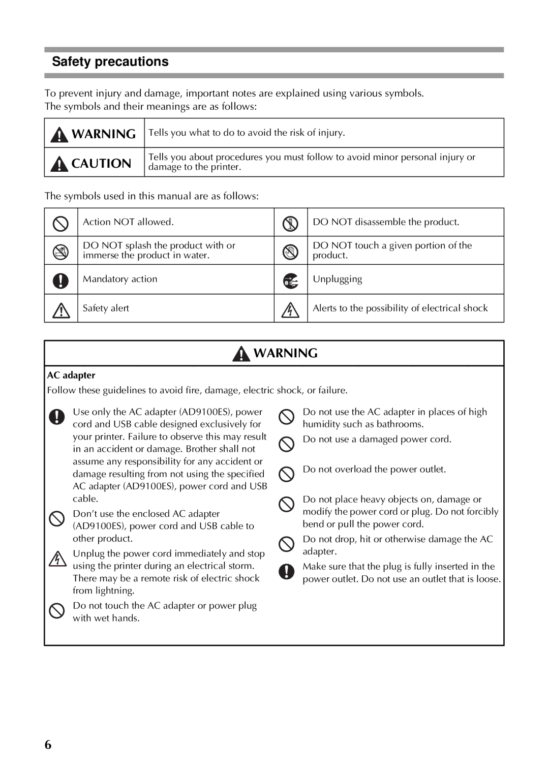 Brother PT-97OOPC Safety precautions, Symbols used in this manual are as follows, AC adapter 