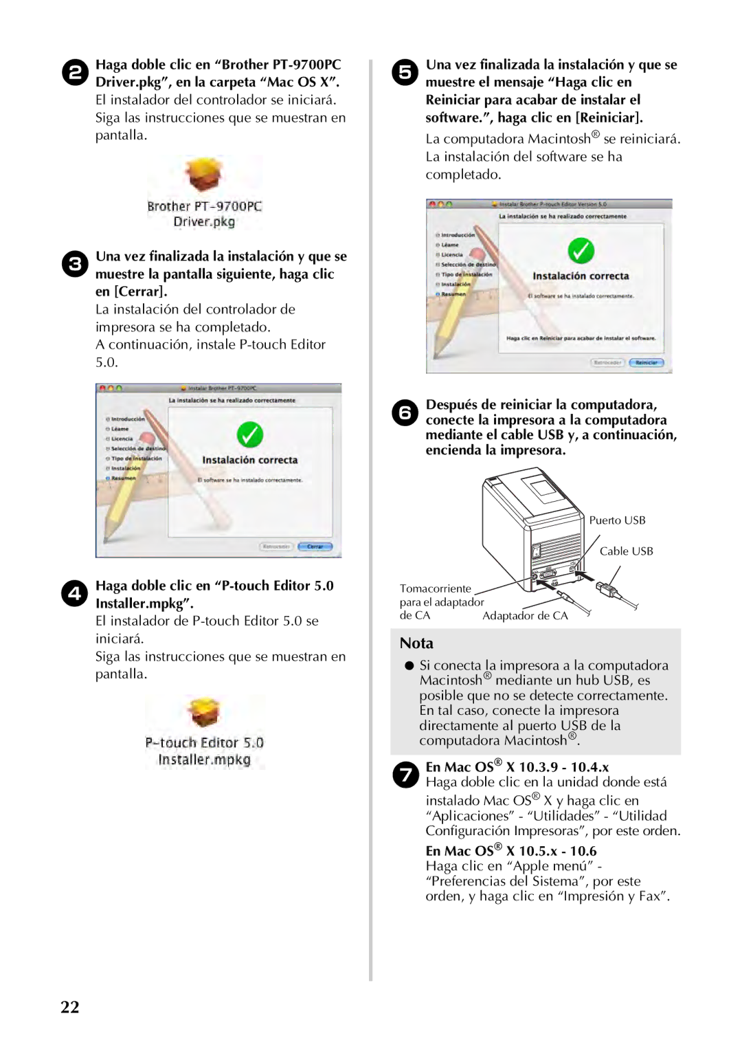 Brother PT-97OOPC manual Haga doble clic en P-touch Editor 5.0 Installer.mpkg, En Mac OS X 10.3.9 