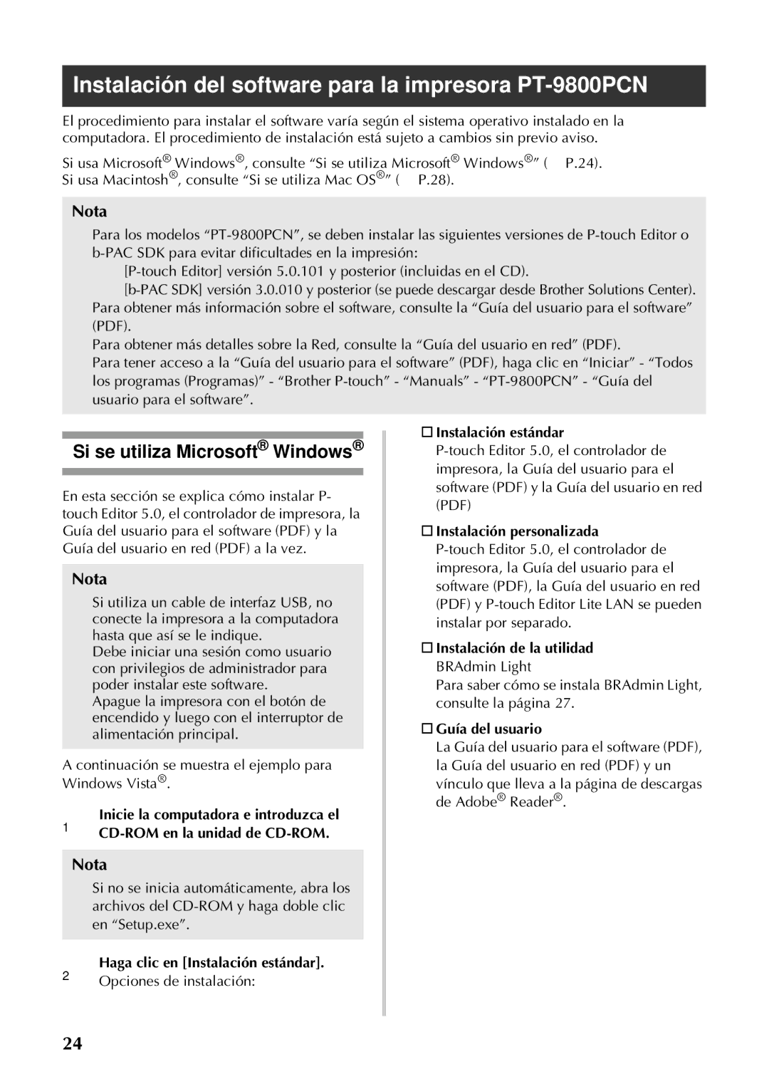 Brother PT-97OOPC manual Instalación del software para la impresora PT-9800PCN 