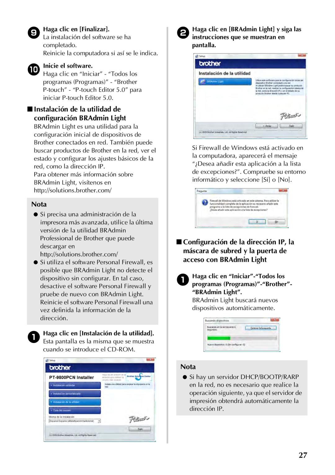 Brother PT-97OOPC manual Instalación de la utilidad de configuración BRAdmin Light 
