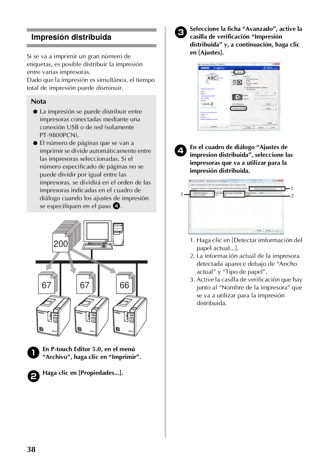 Brother PT-97OOPC manual Impresión distribuida, Haga clic en Propiedades 