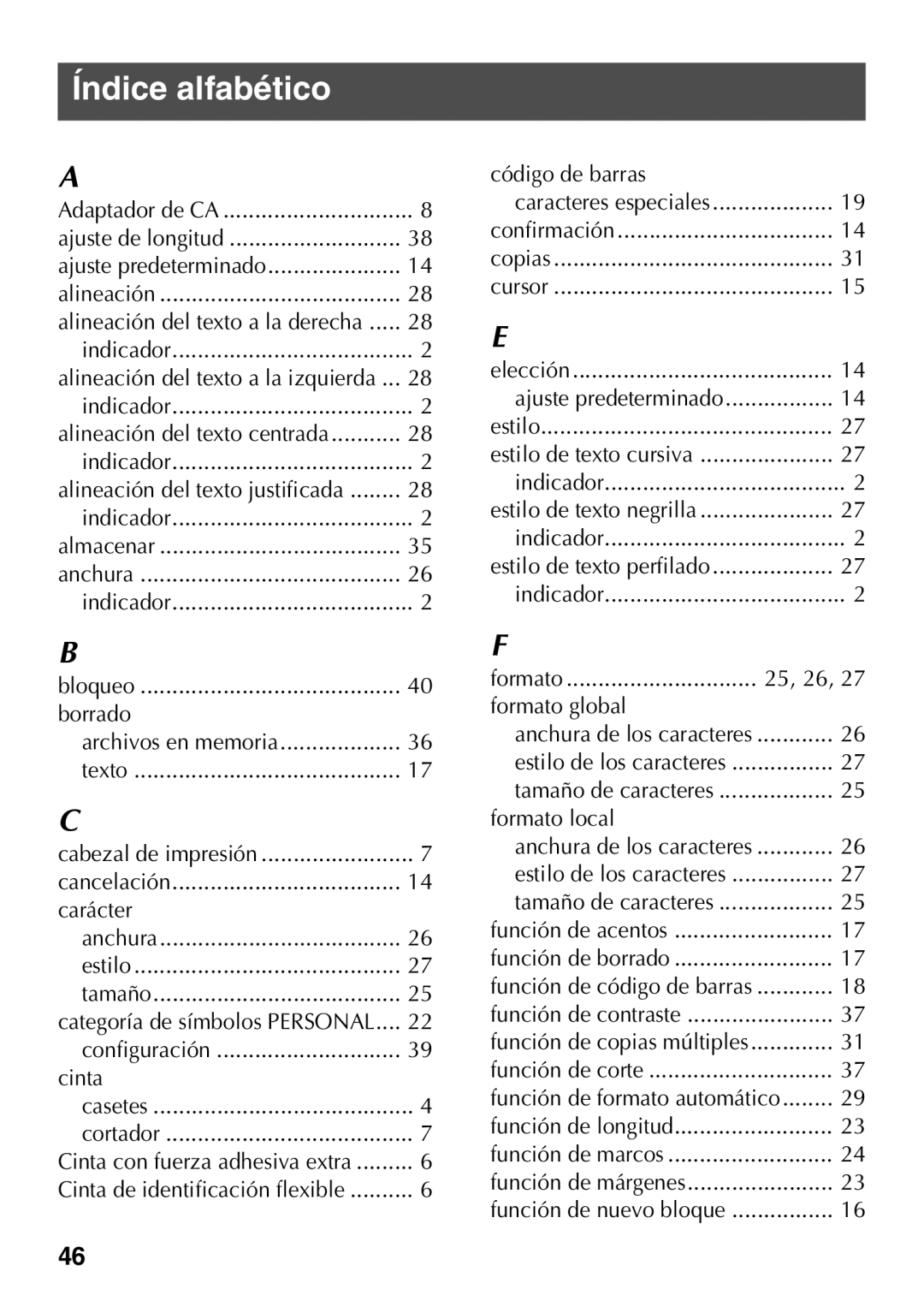 Brother PT Series manual Índice alfabético, Función de longitud Función de marcos 