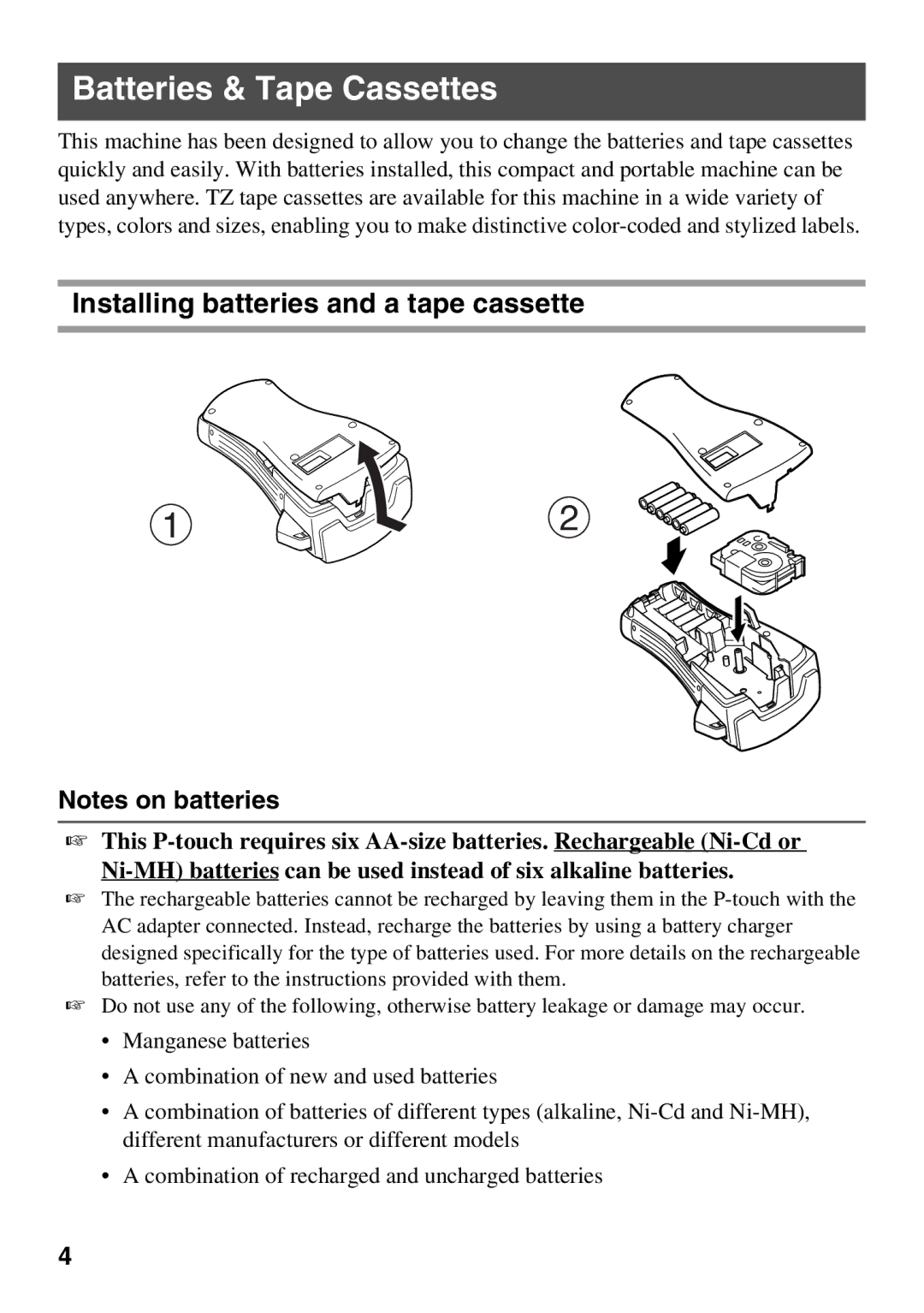 Brother PT Series manual Batteries & Tape Cassettes, Installing batteries and a tape cassette 