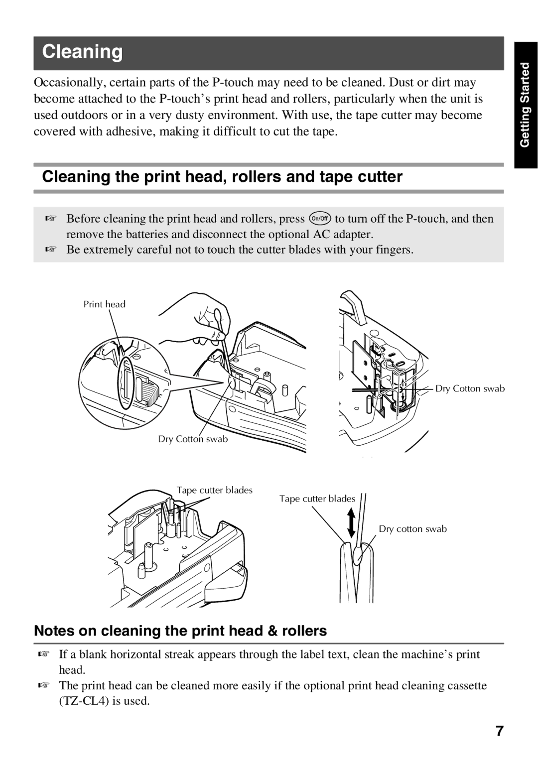 Brother PT Series manual Cleaning the print head, rollers and tape cutter 