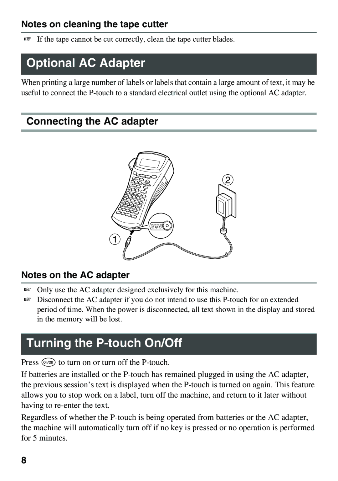 Brother PT Series manual Optional AC Adapter, Turning the P-touch On/Off, Connecting the AC adapter 