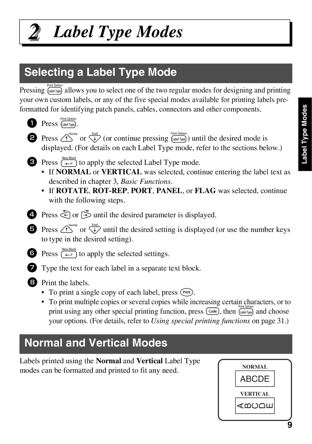 Brother PT Series manual Label Type Modes, Selecting a Label Type Mode, Normal and Vertical Modes 