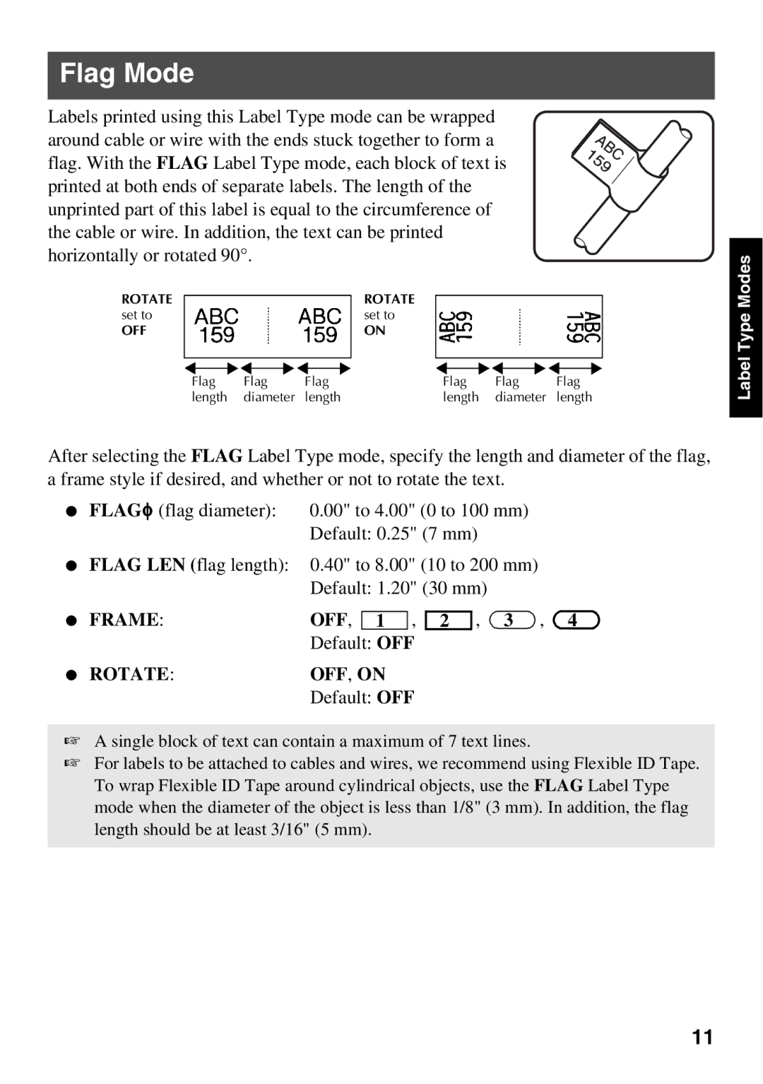 Brother PT Series manual Flag Mode, ROTATEOFF, on 