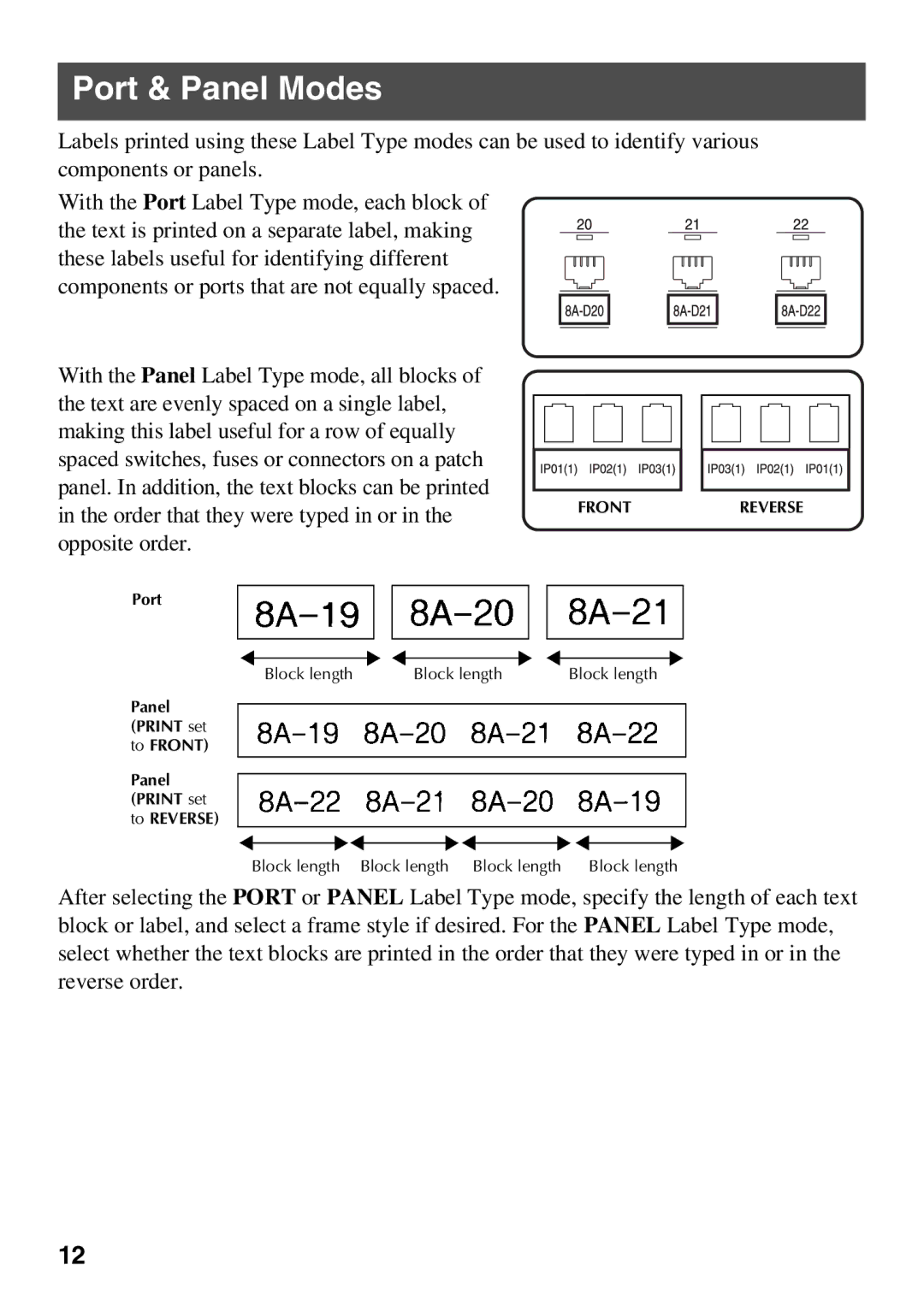 Brother PT Series manual Port & Panel Modes, Frontreverse 