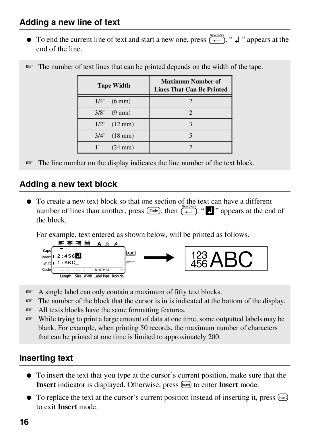 Brother PT Series manual Adding a new line of text, Adding a new text block, Inserting text 