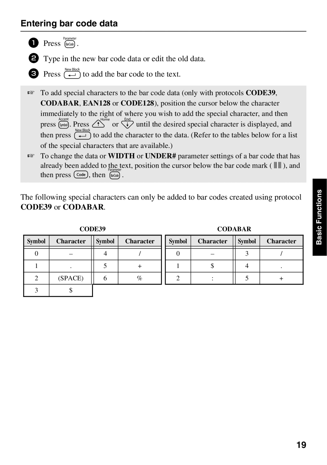 Brother PT Series manual Entering bar code data, CODE39 or Codabar 