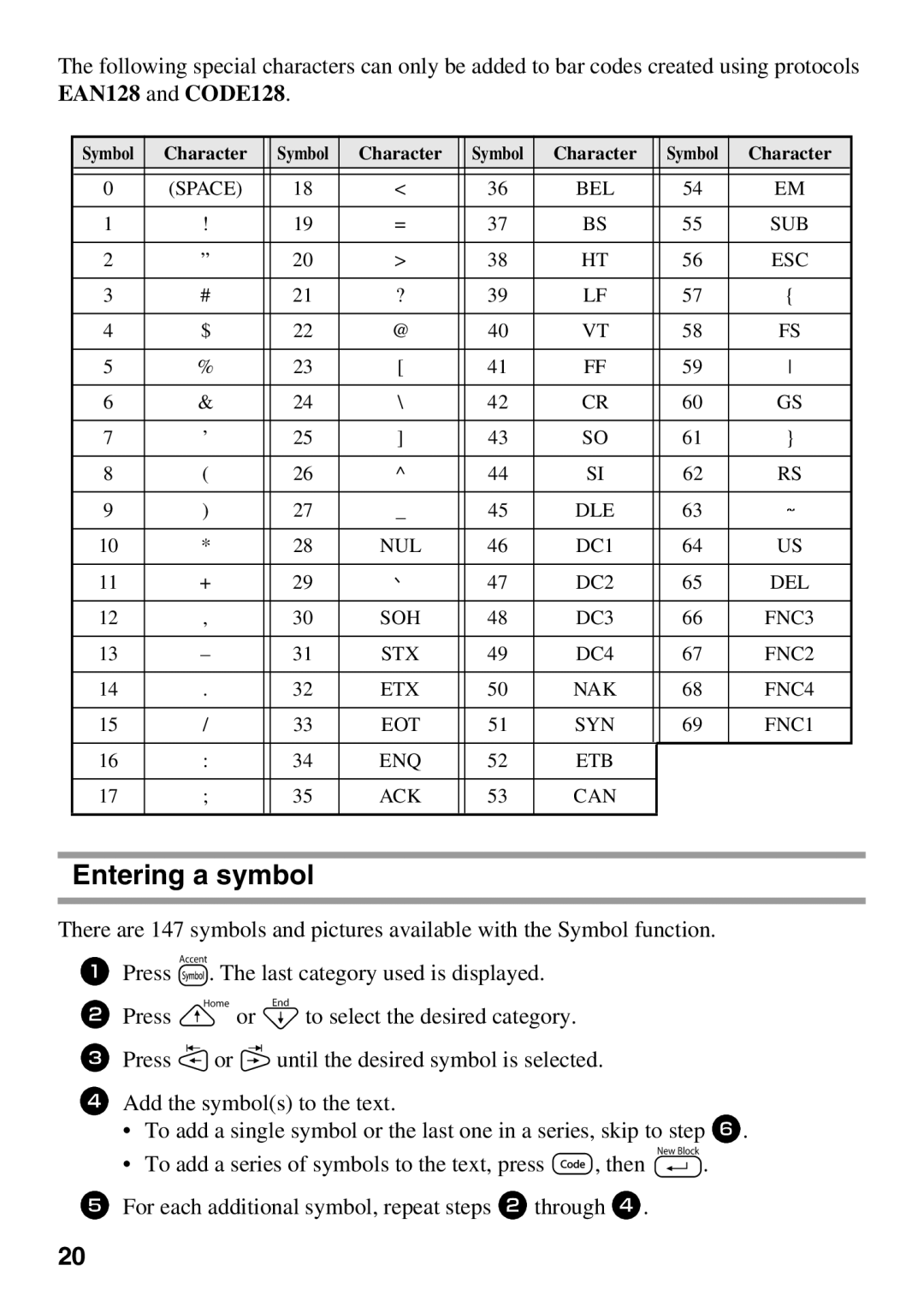 Brother PT Series manual Entering a symbol, EAN128 and CODE128 