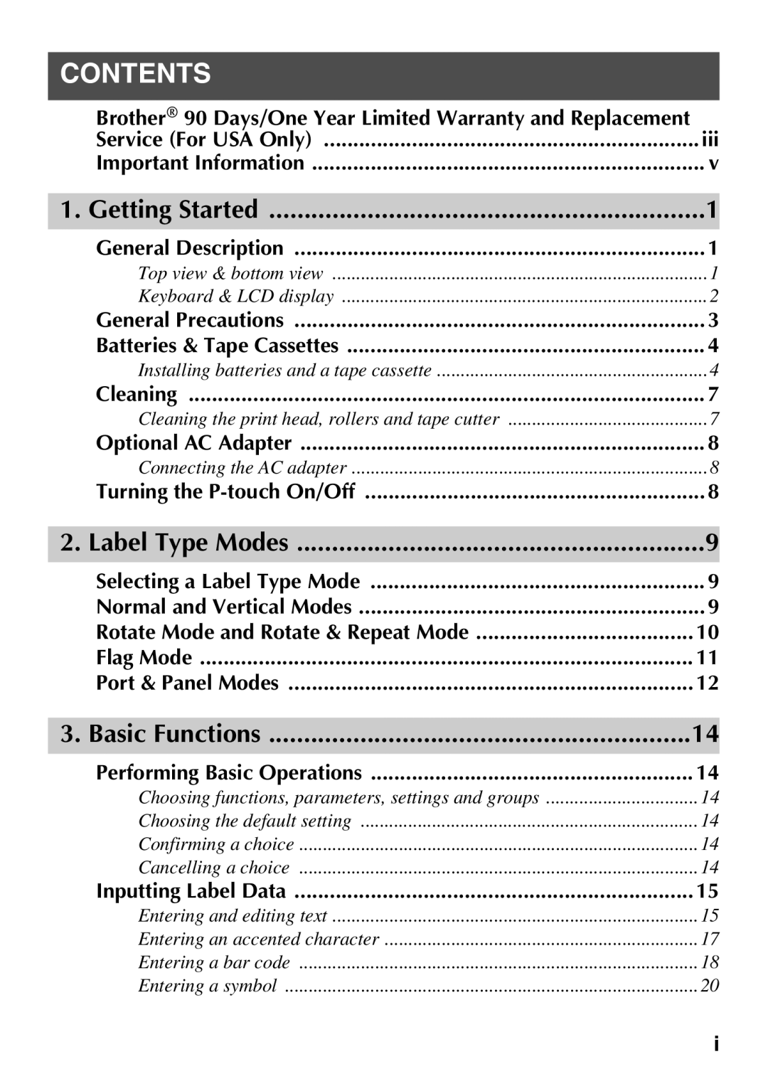 Brother PT Series manual Contents 