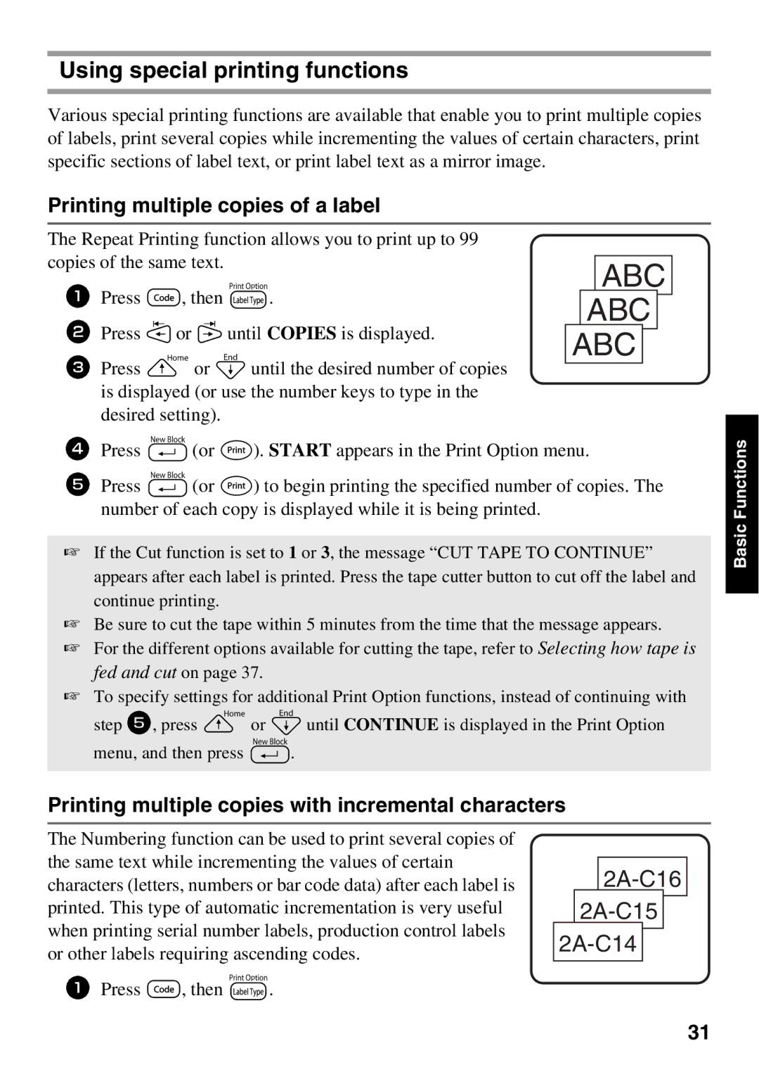 Brother PT Series manual Using special printing functions, Printing multiple copies of a label 