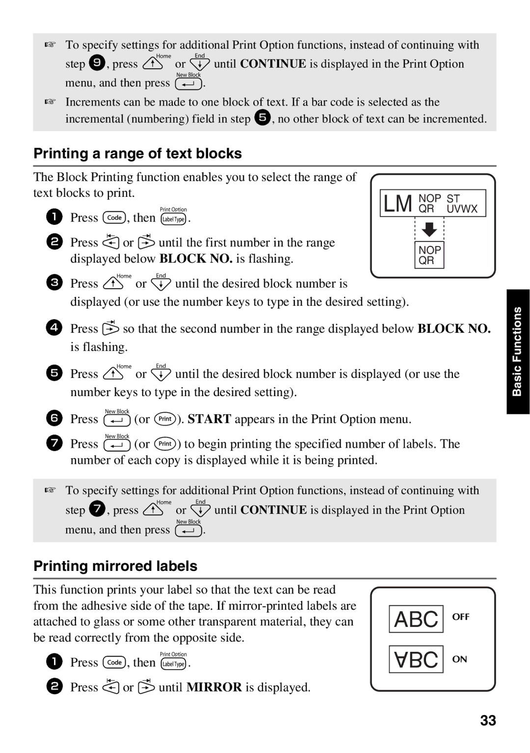 Brother PT Series manual Printing a range of text blocks, Printing mirrored labels 