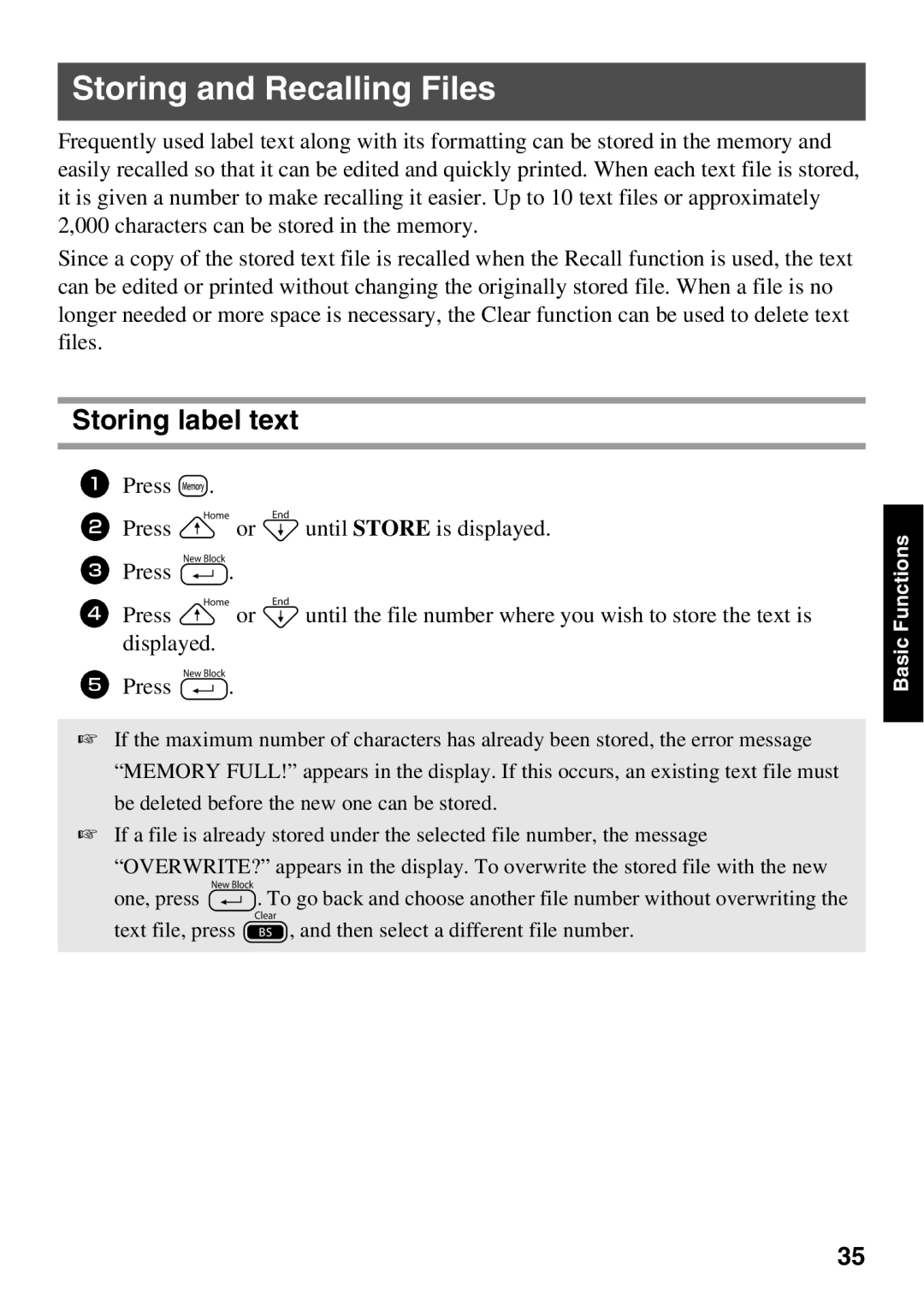 Brother PT Series manual Storing and Recalling Files, Storing label text 