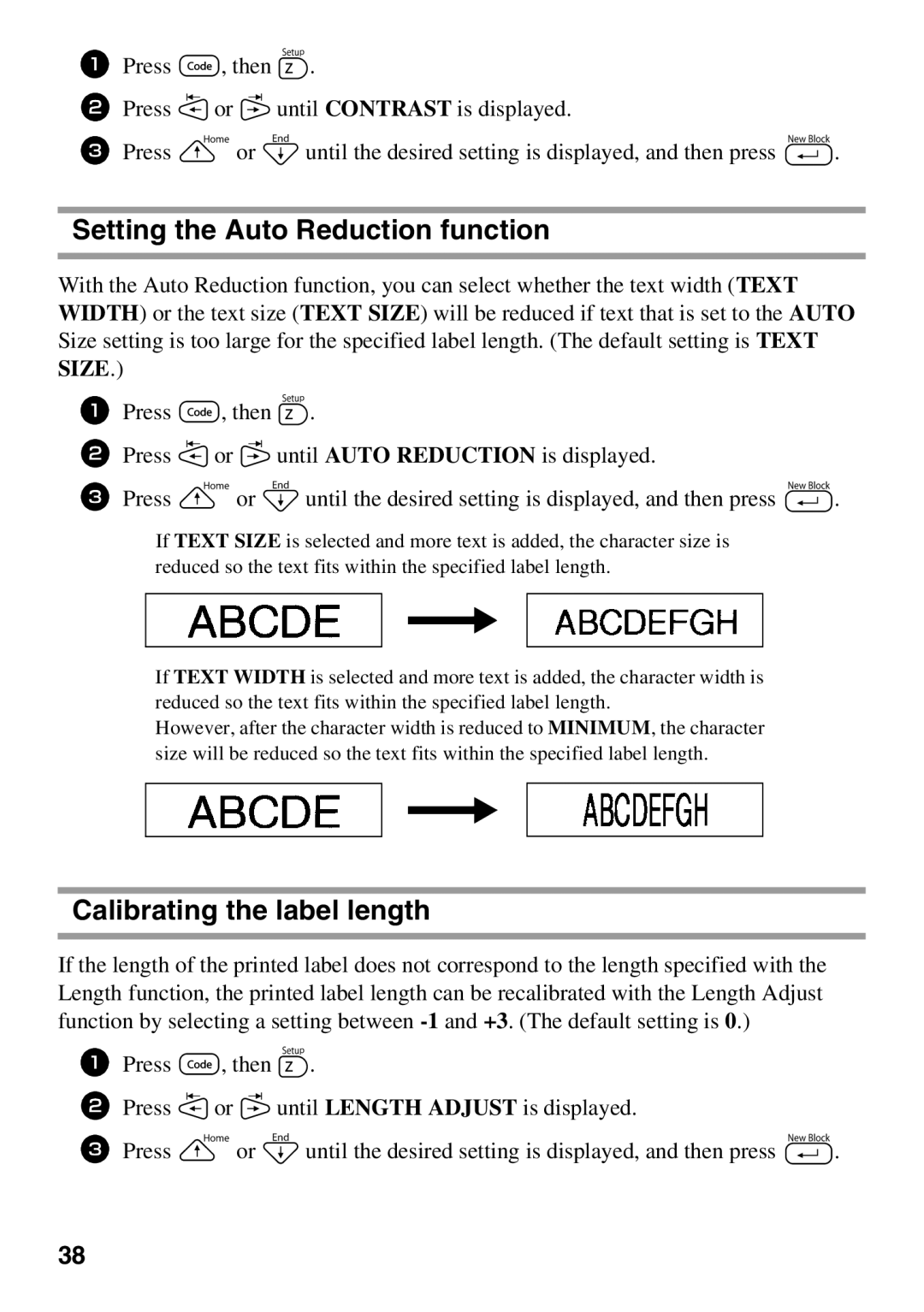 Brother PT Series manual Setting the Auto Reduction function, Calibrating the label length 