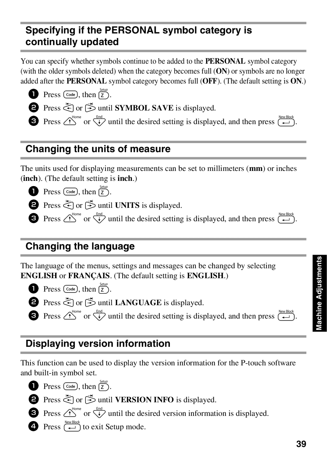 Brother PT Series manual Changing the units of measure, Changing the language, Displaying version information 