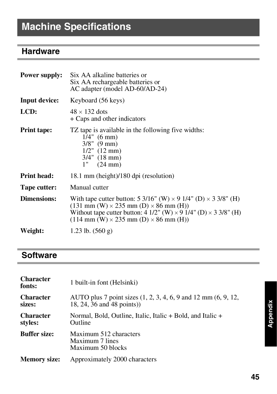 Brother PT Series manual Machine Specifications, Hardware, Software 