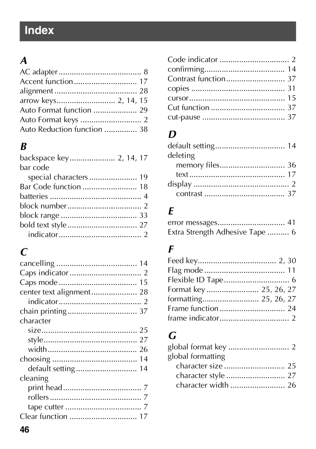 Brother PT Series manual Index, Backspace key Bar code 