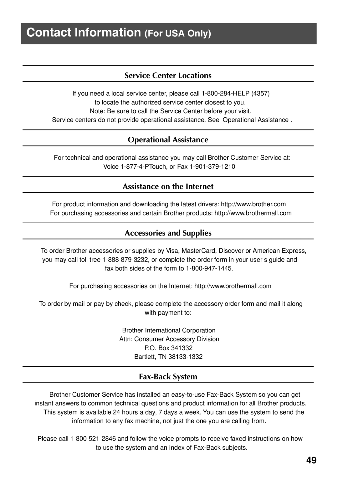 Brother PT Series manual Contact Information For USA Only, Service Center Locations 