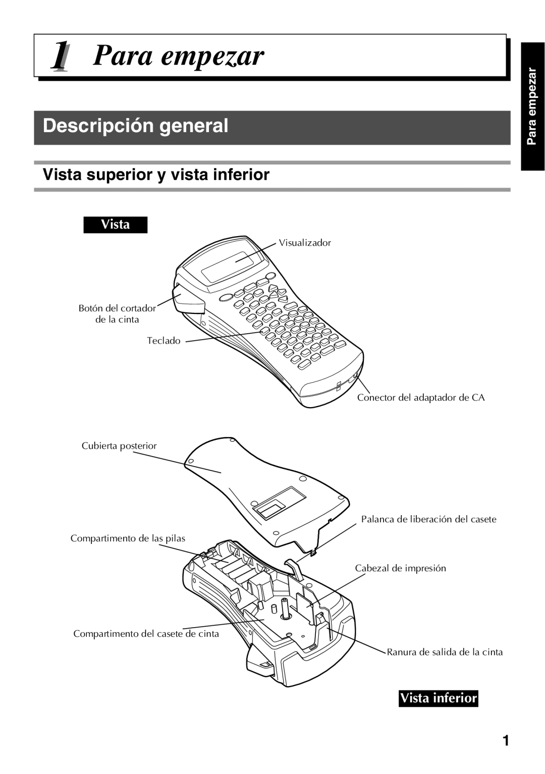 Brother PT Series manual Para empezar, Descripción general, Vista superior y vista inferior 