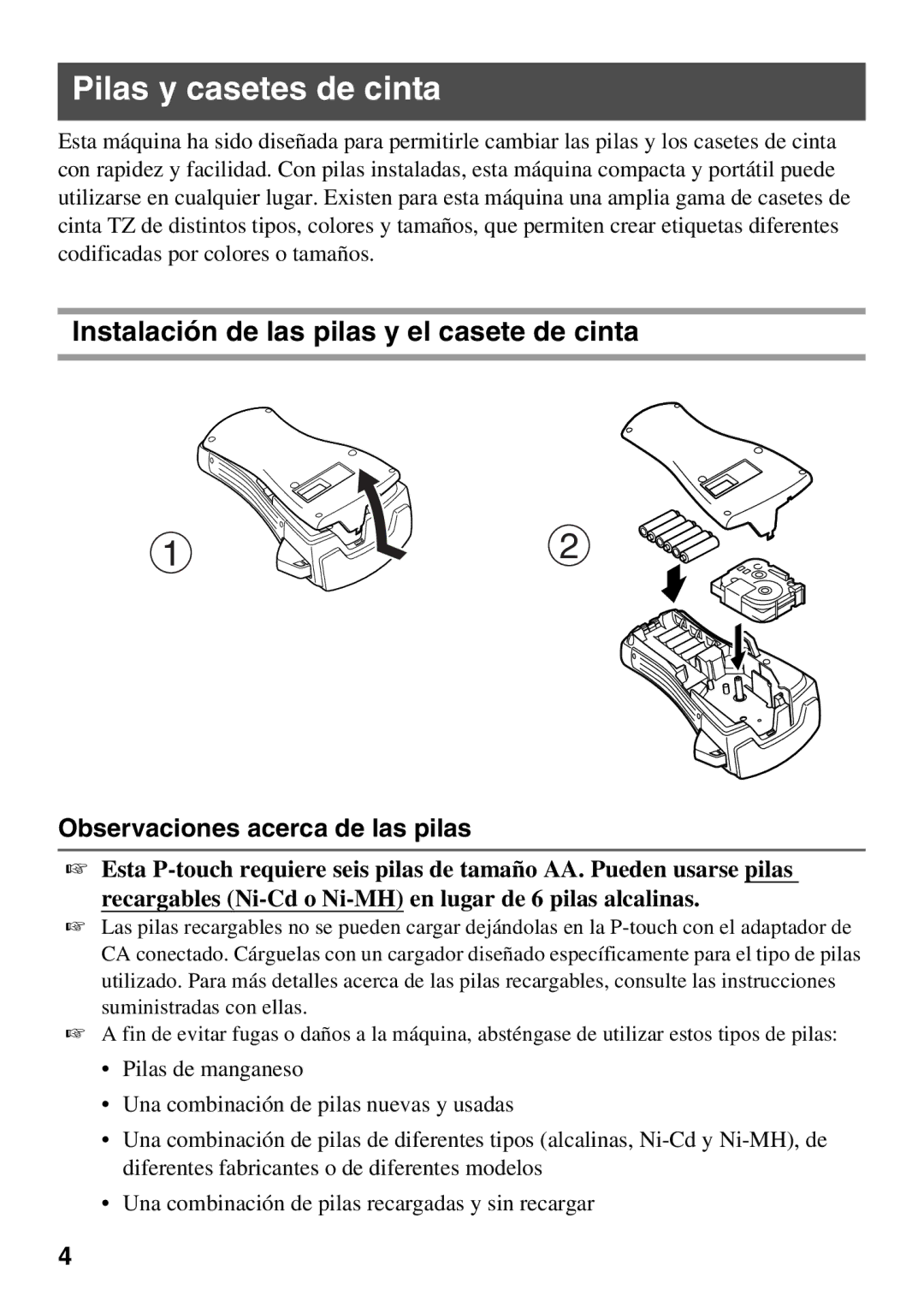 Brother PT Series manual Pilas y casetes de cinta, Instalación de las pilas y el casete de cinta 