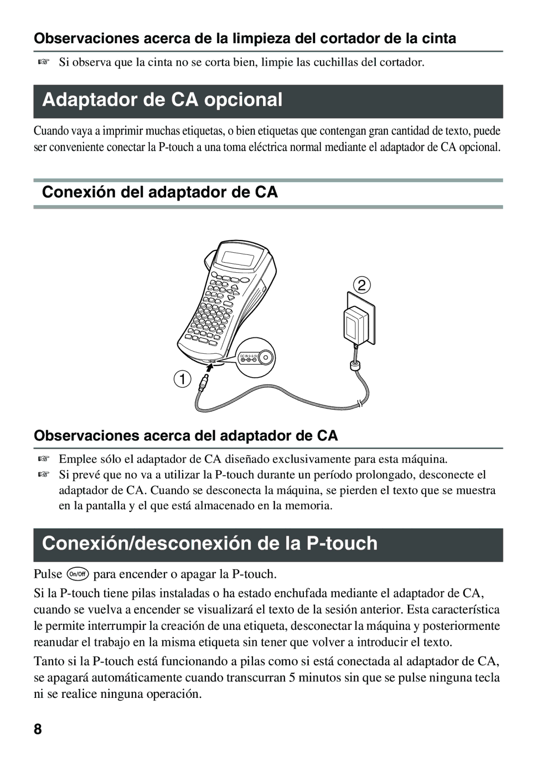 Brother PT Series manual Adaptador de CA opcional, Conexión/desconexión de la P-touch, Conexión del adaptador de CA 