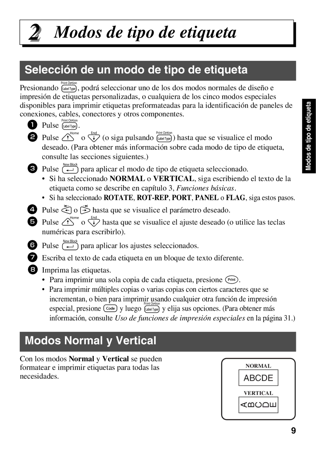 Brother PT Series manual Modos de tipo de etiqueta, Selección de un modo de tipo de etiqueta, Modos Normal y Vertical 