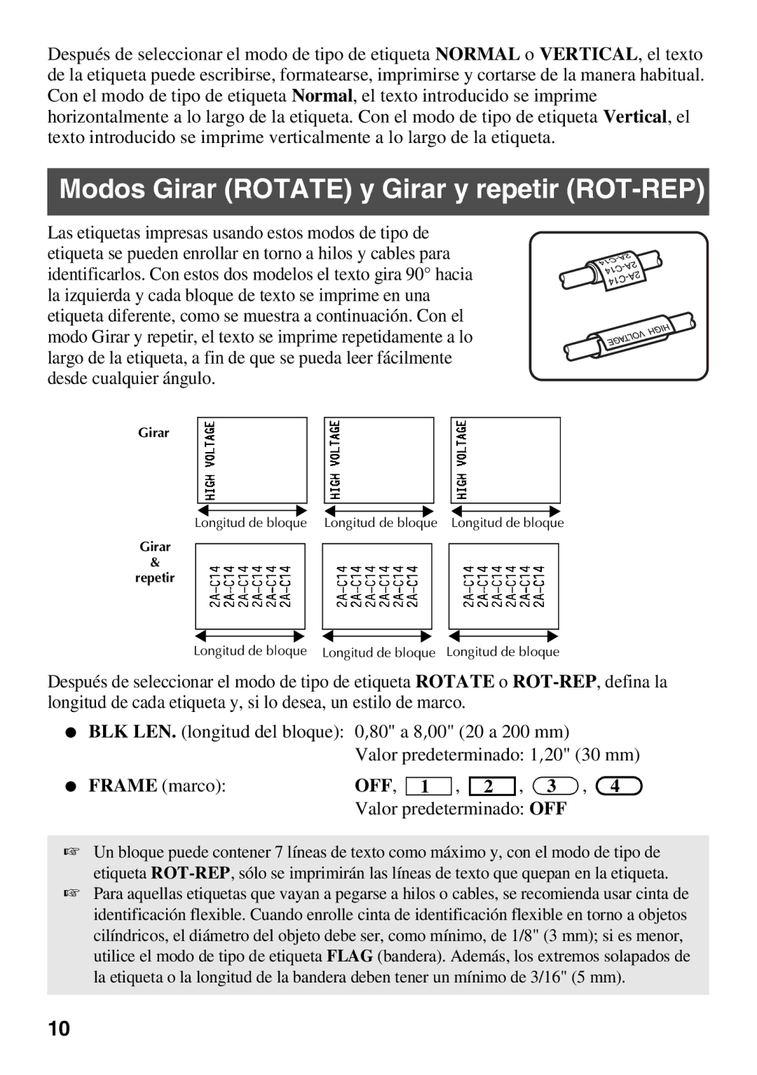 Brother PT Series manual Modos Girar Rotate y Girar y repetir ROT-REP, Valor predeterminado OFF 