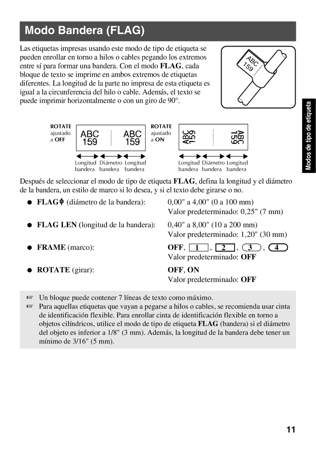 Brother PT Series manual Modo Bandera Flag, Off 