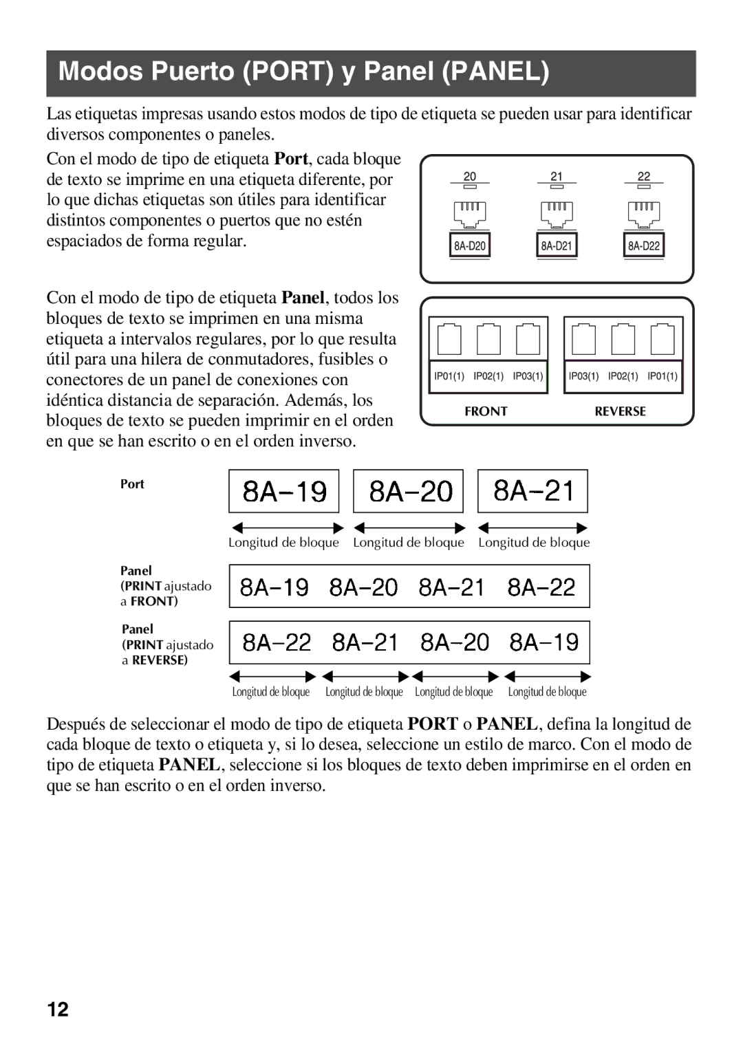 Brother PT Series manual Modos Puerto Port y Panel Panel 