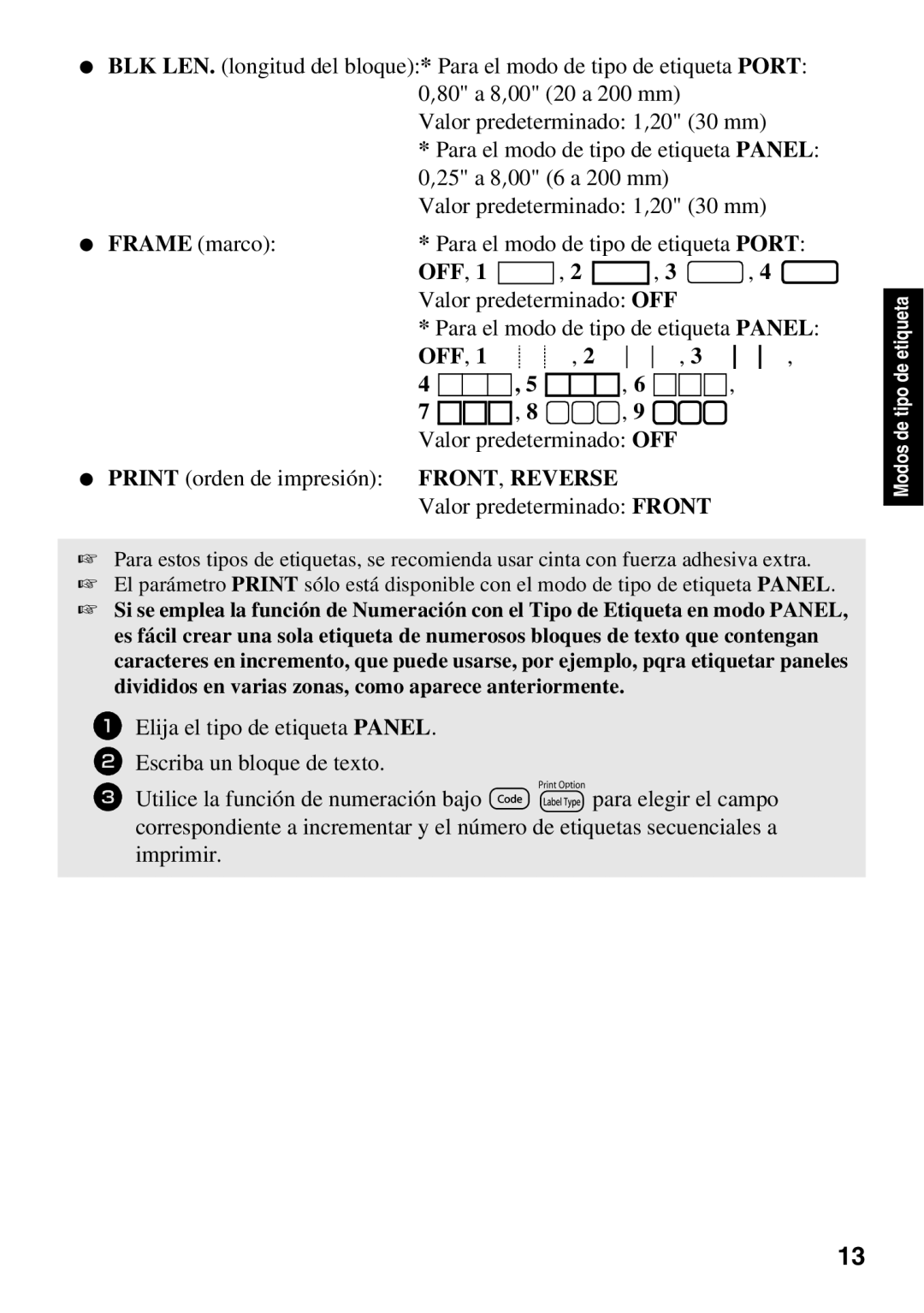 Brother PT Series manual OFF Valor predeterminado OFF 