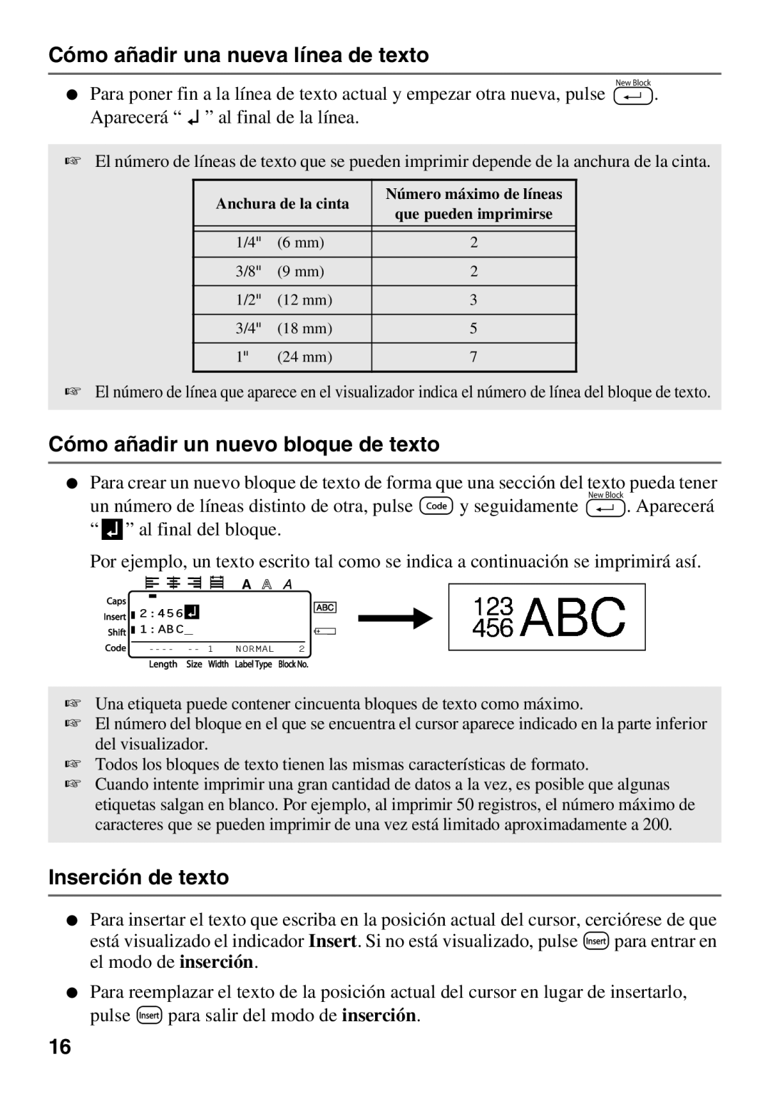 Brother PT Series manual Cómo añadir una nueva línea de texto, Cómo añadir un nuevo bloque de texto, Inserción de texto 