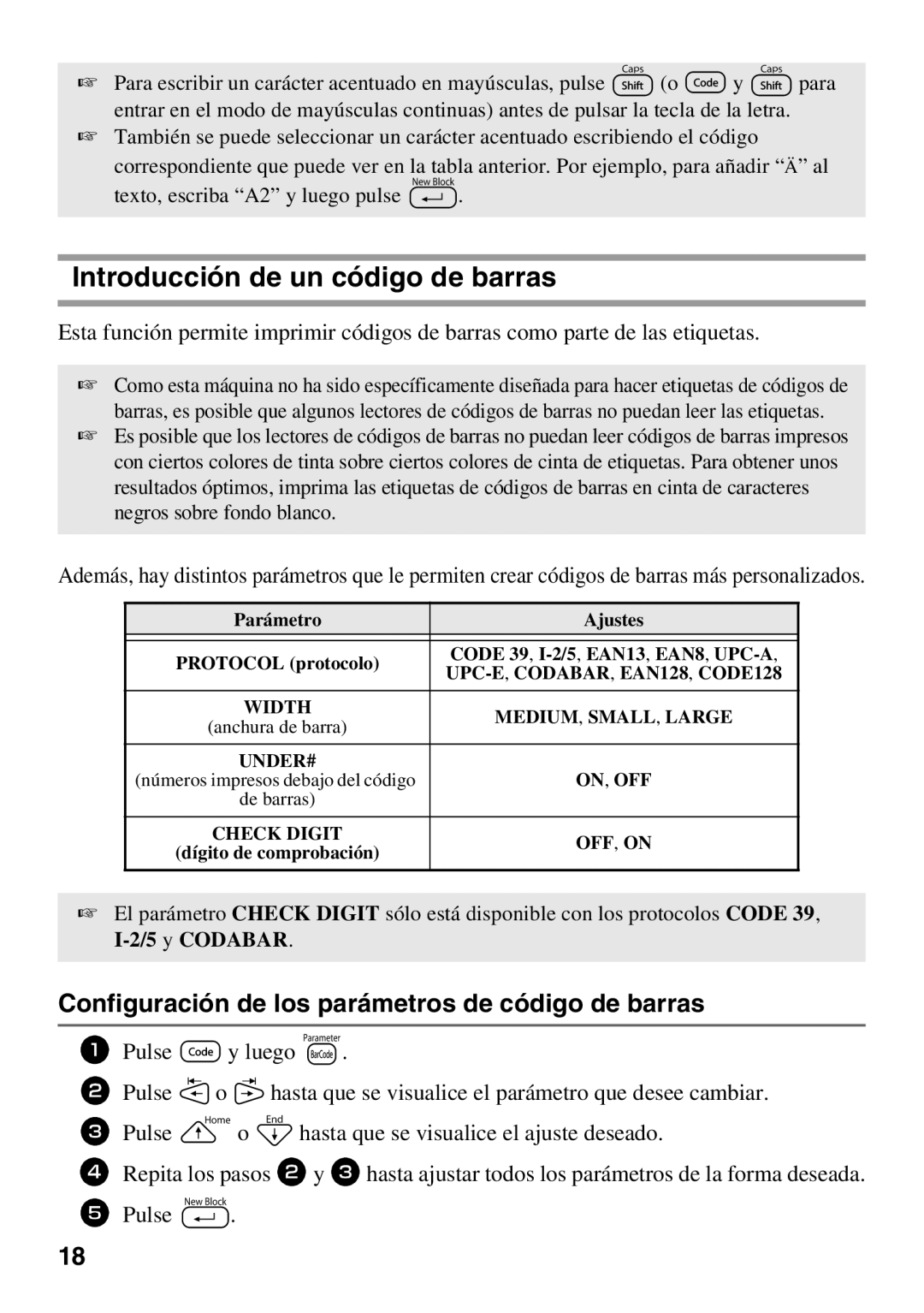 Brother PT Series manual Introducción de un código de barras, Configuración de los parámetros de código de barras 