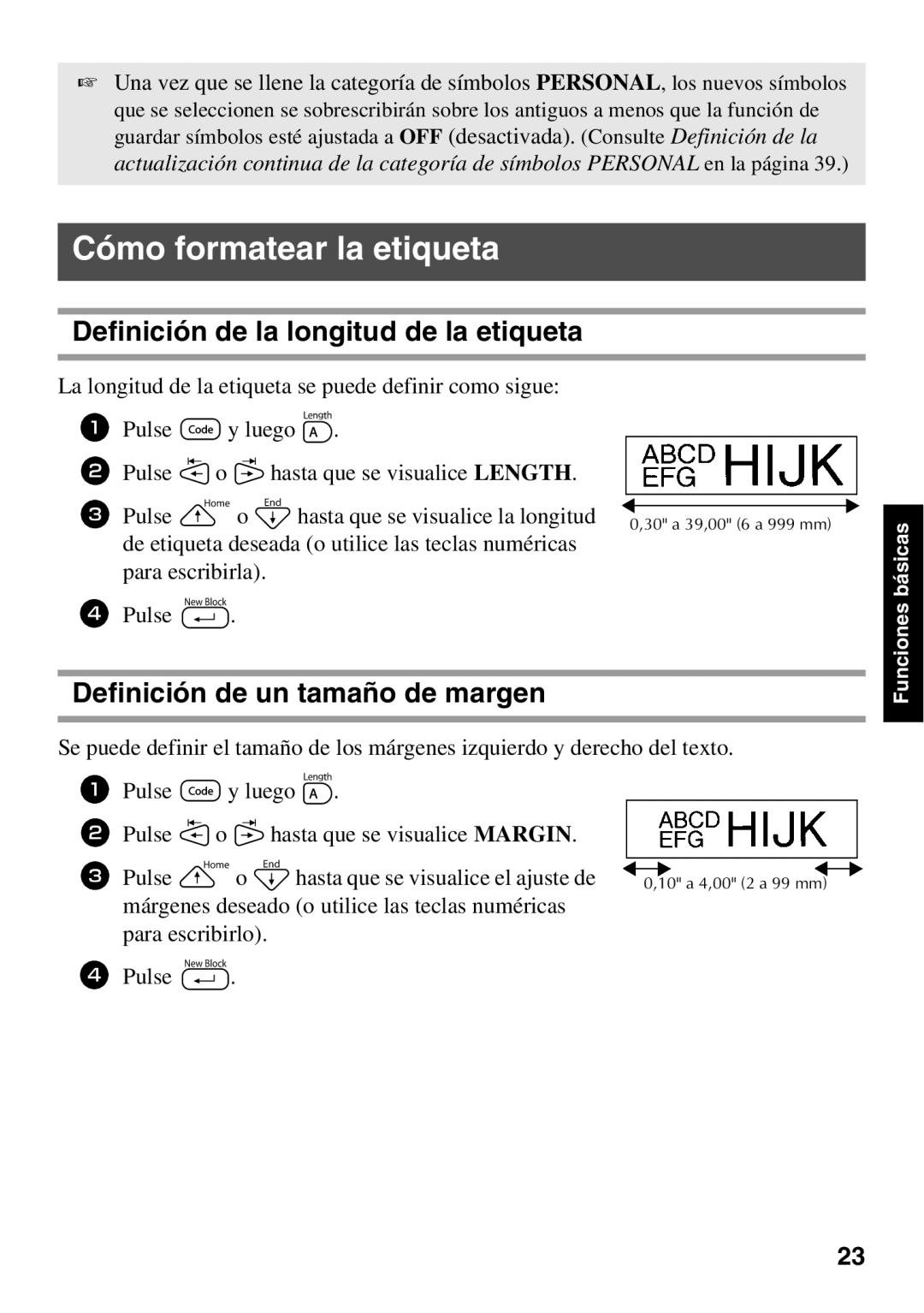 Brother PT Series Cómo formatear la etiqueta, Definición de la longitud de la etiqueta, Definición de un tamaño de margen 